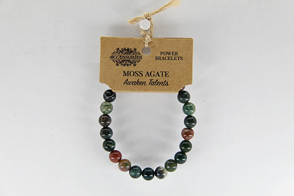Pulseira de energia com ágata musgosa estabiliza e promove a auto-estima. Restaura a confiança para as habilidades do dia a dia.