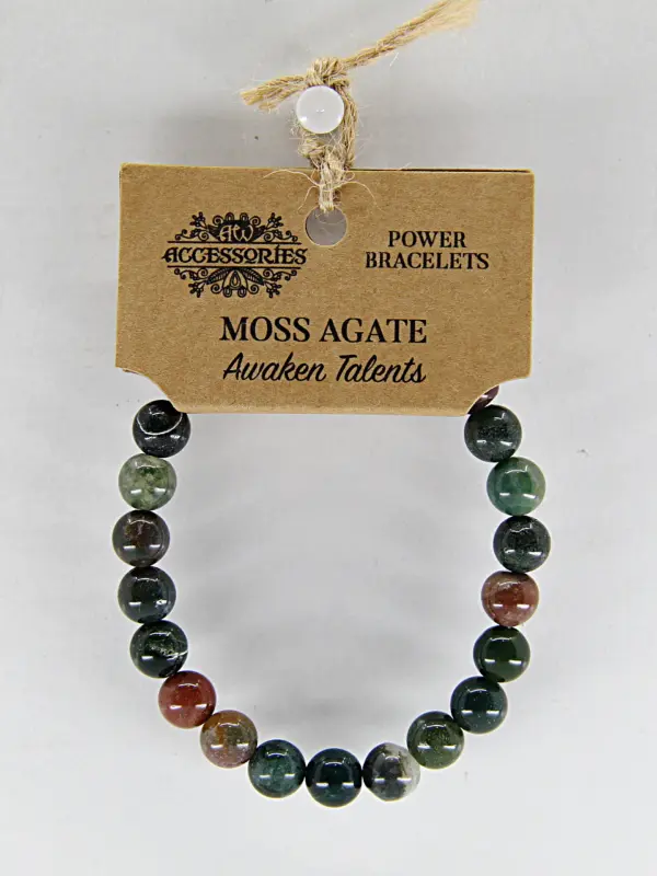 Pulseira de energia com ágata musgosa estabiliza e promove a auto-estima. Restaura a confiança para as habilidades do dia a dia.